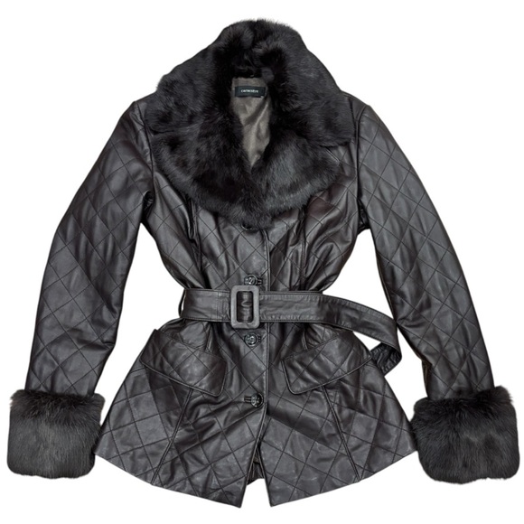 Vintage Jackets & Blazers - Vintage Dark Brown Genuine Leather Jacket with Fur Trim and Belt